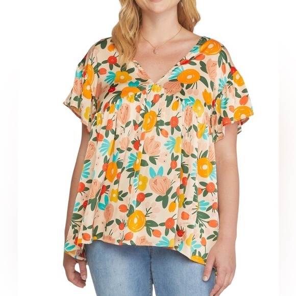 entro Tops - Entro Satin Flowy Floral Babydoll Feel Pick Me Up Top 2X